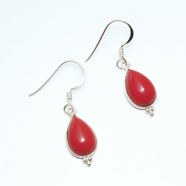 Boucles d'oreilles argent massif 925 gouttes et Corail rouge - Inde 021