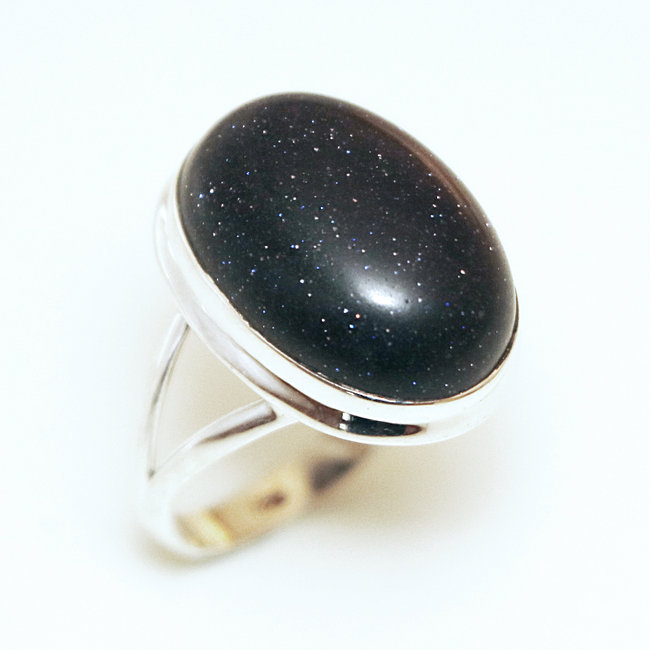 Bague ovale cabochon argent 925 et Pierre de Soleil bleue - Inde 059