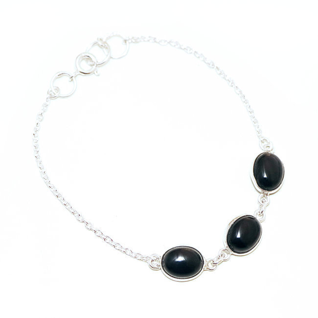 Bracelet fin chaîne cabochons ovales argent 925 et Onyx - Inde 007