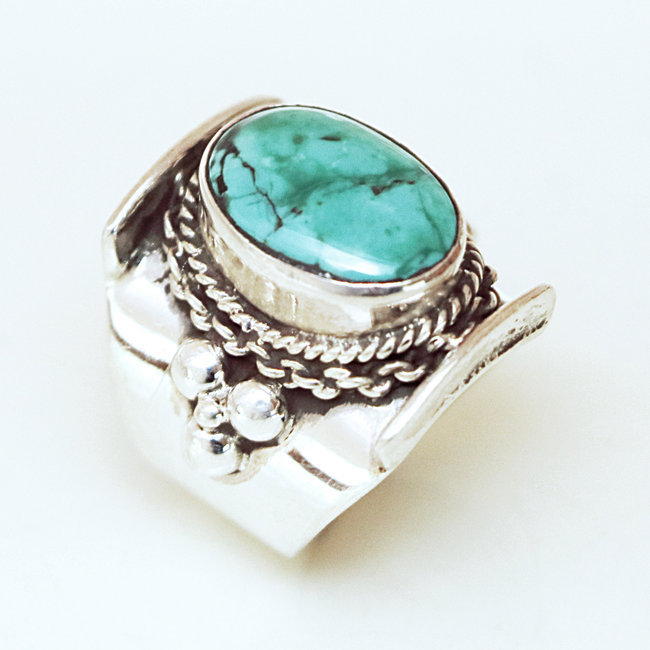 Bague chevalière en argent 925 et Turquoise claire - Népal 064