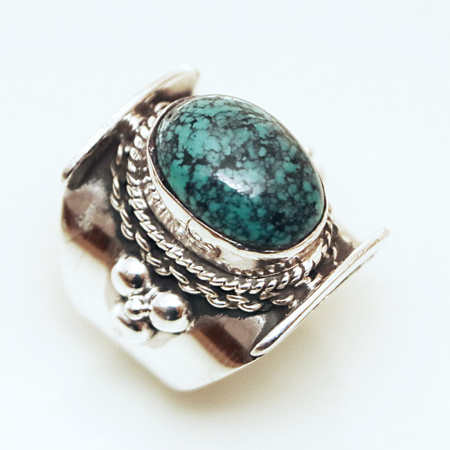 Bague chevalière en argent 925 et Turquoise foncée - Népal 064