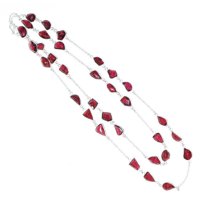 Collier argent massif 925 sautoir chaîne facettes et Grenat rouge - Inde 011