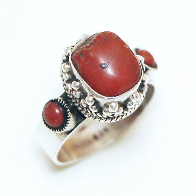 Bague chevalière carrée en argent 925 Corail rouge - Népal 068