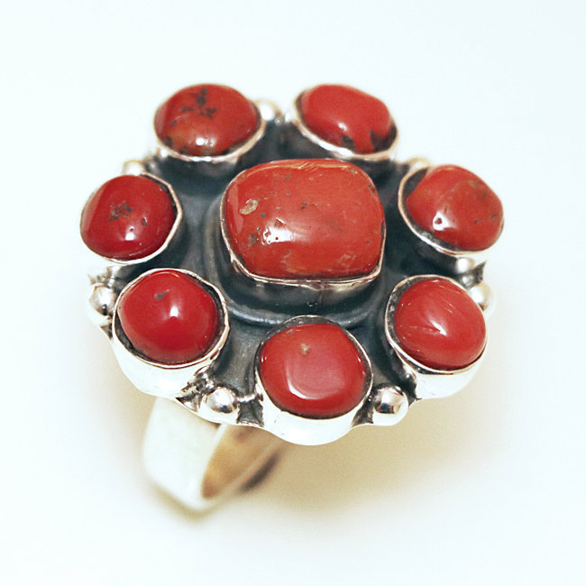 Bague grande fleur en argent 925 et Corail rouge - Népal 070