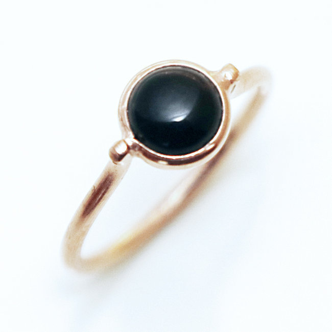 Bague fine ronde argent 925 doré or fin rose et Onyx noir - Inde 102R