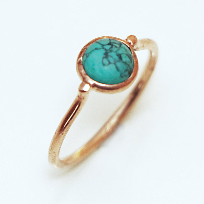 Bague fine ronde argent 925 doré or fin rose et Turquoise - Inde 102R