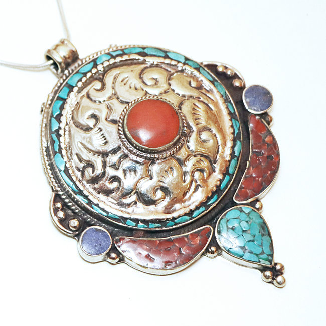 Grand pendentif tibétain Corail et Turquoise - Népal 046