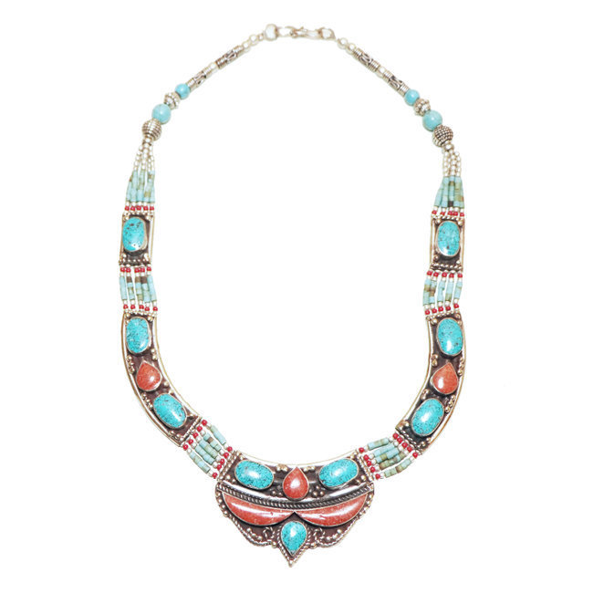 Collier tibétain pierres Turquoise et Corail rouge - Népal 008