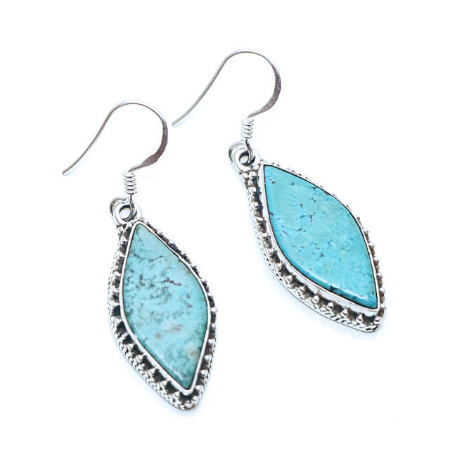 Boucles d'oreilles filigranes feuilles argent 925 et Turquoise - Népal 005