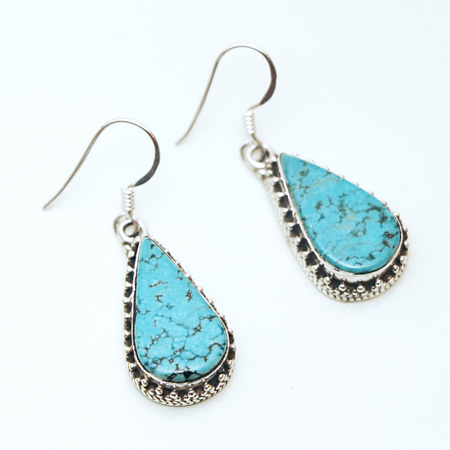 Boucles d'oreilles argent 925 gouttes filigranes et Turquoise - Népal 002