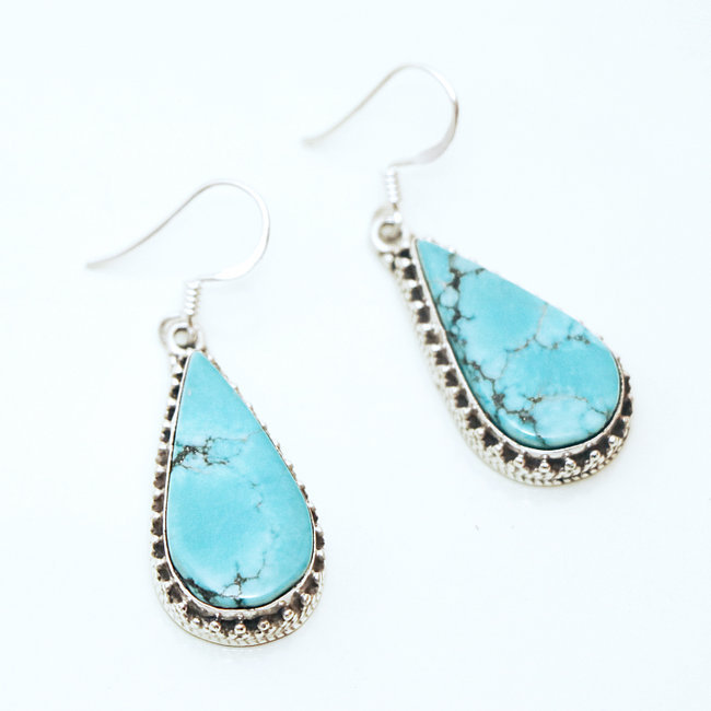 Boucles d'oreilles argent 925 gouttes filigranes et Turquoise naturelle - Népal 006