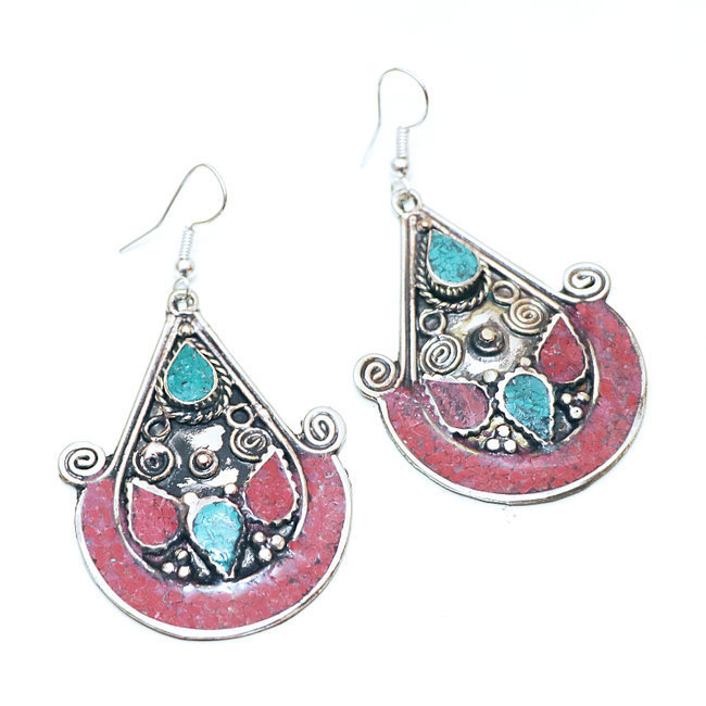 Boucles d'oreilles tibétaines grands pendants Corail et Turquoise - Népal 013