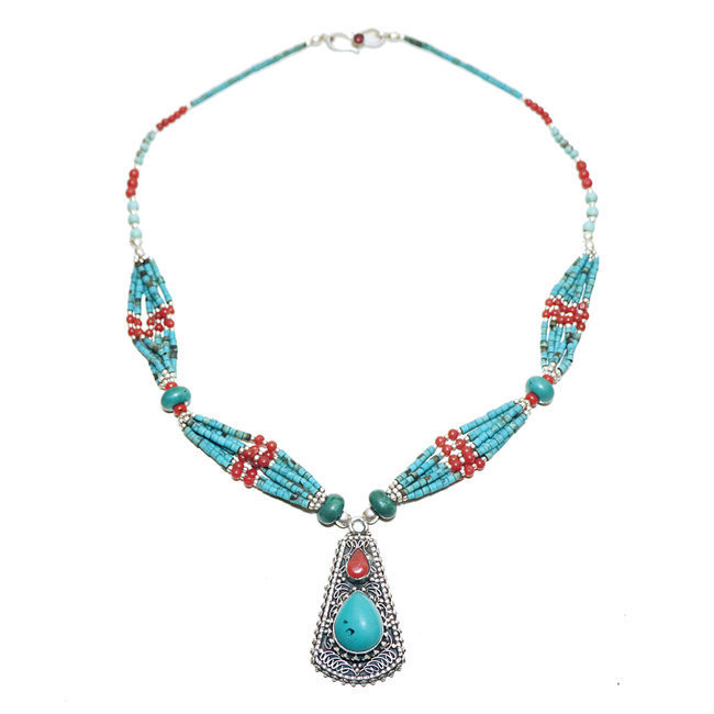 Collier Tibétain en argent 925 Turquoise naturelle et Corail - Népal 007