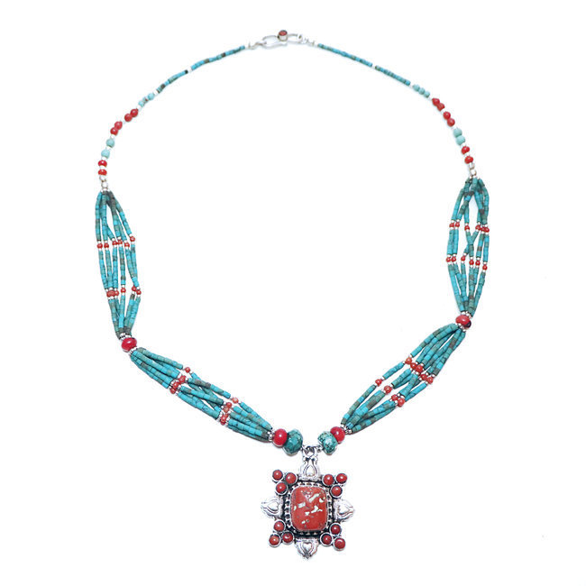 Collier Tibétain en argent 925 Turquoise naturelle et Corail - Népal 008