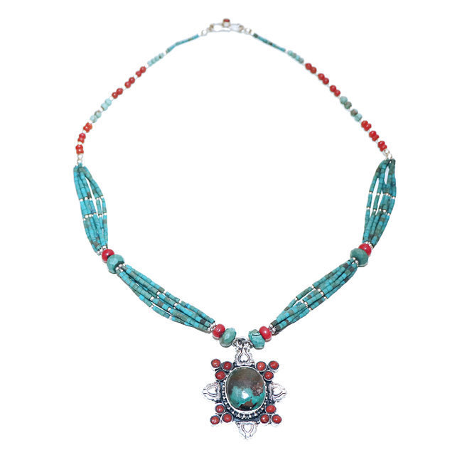 Collier Tibétain en argent 925 Turquoise naturelle et Corail - Népal 009