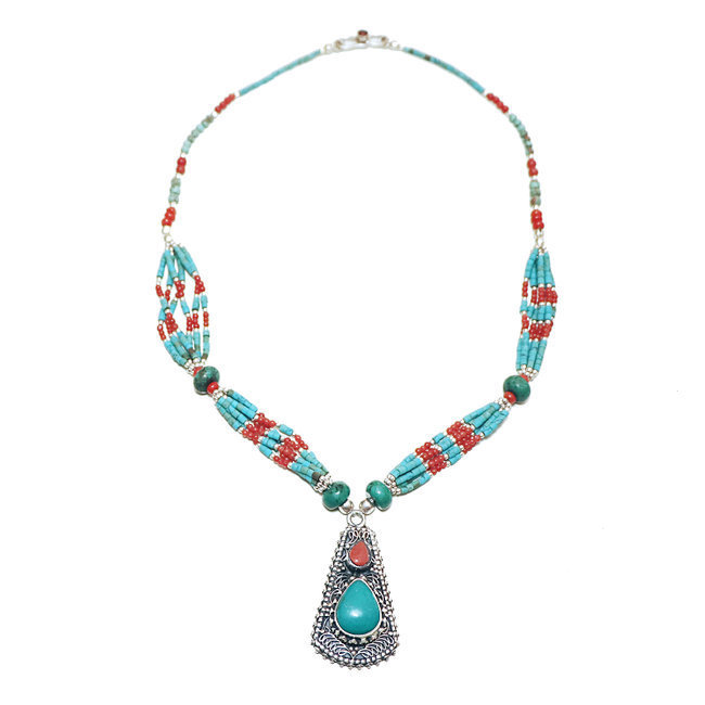 Collier Tibétain en argent 925 Turquoise naturelle et Corail - Népal 011