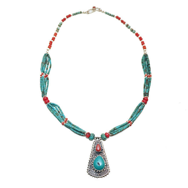 Collier Tibétain en argent 925 Turquoise naturelle et Corail - Népal 012