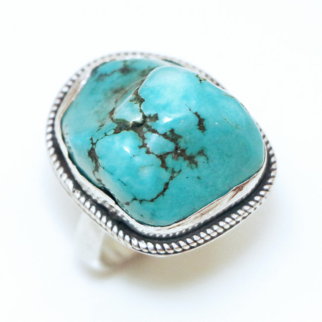 Bague druzy argent 925 et Turquoise brute naturelle - Népal 078