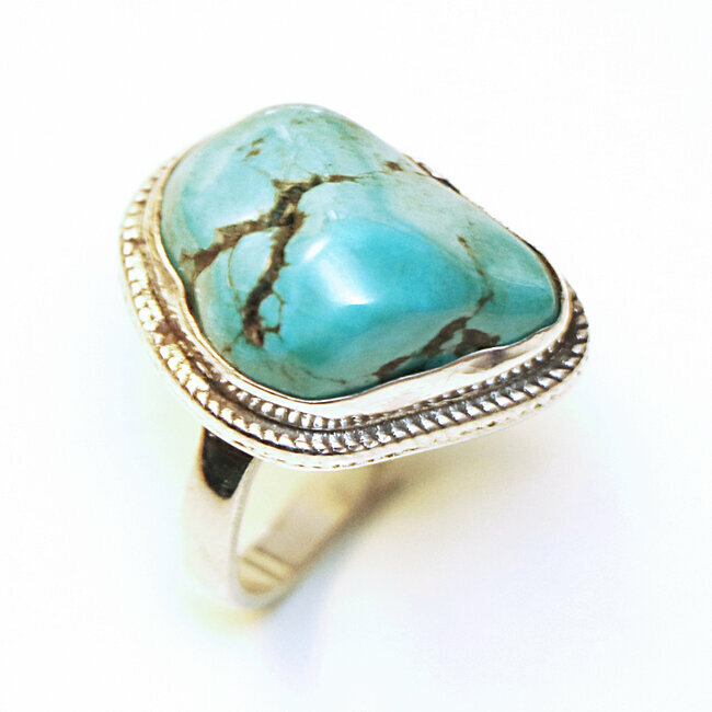 Bague druzy argent 925 et Turquoise brute naturelle - Népal 082