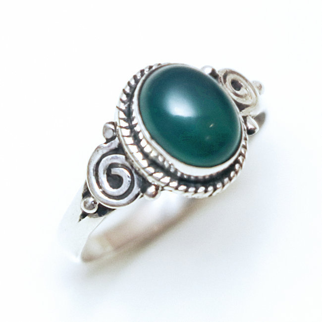 Bague argent massif 925 ovale filigranes fine et Agate verte - Inde 063S