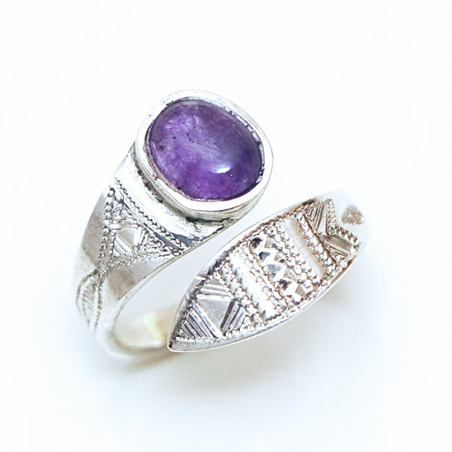 Bague argent 925 touareg réglable croisée feuille Améthyste violet - Niger 032