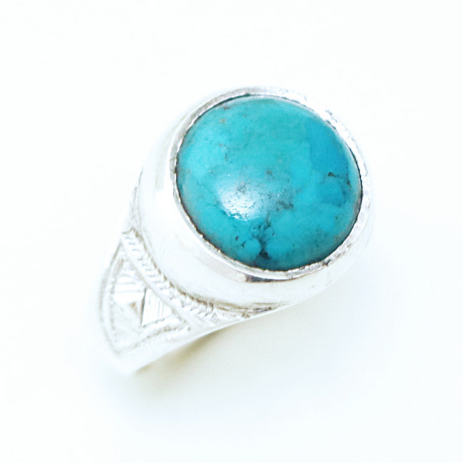 Bague argent massif 925 chevalière touareg ronde et Turquoise naturelle - Niger 034