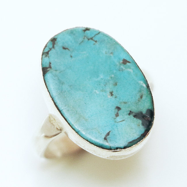 Bague ovale plate en argent 925 et Turquoise naturelle - Inde 127