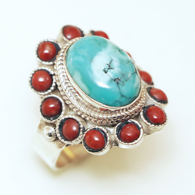 Bague ovale filigranes en argent 925, Corail et Turquoise naturelle - Népal 307