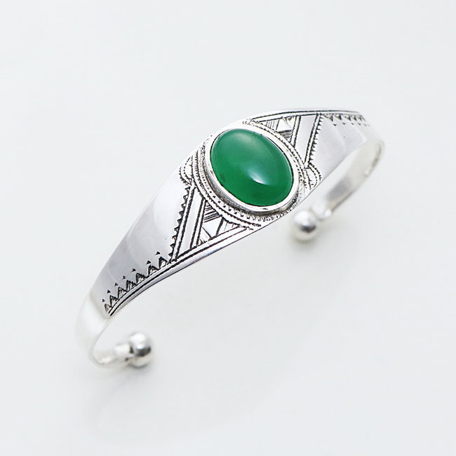 Bracelet argent 925 touareg large ovale et Agate verte - Niger 022