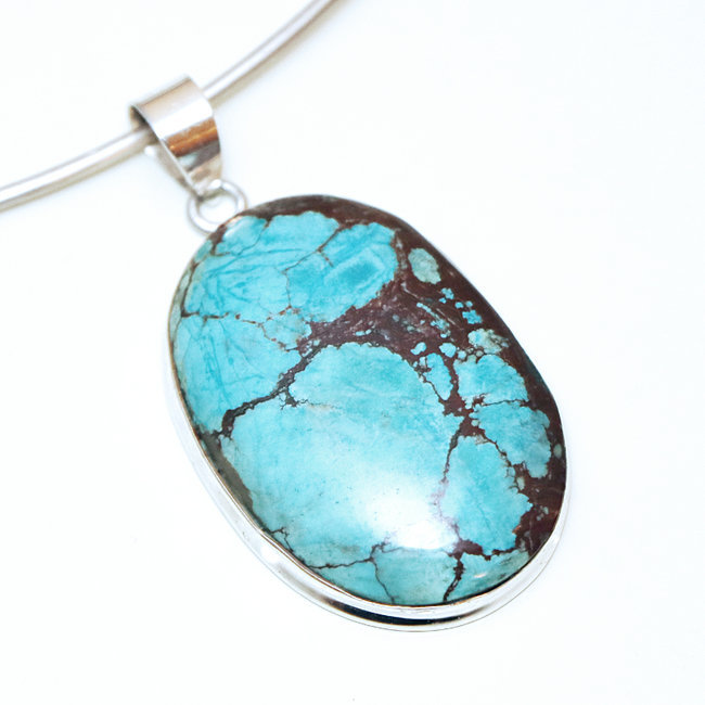 Pendentif argent 925 ovale et Turquoise naturelle - Inde 089