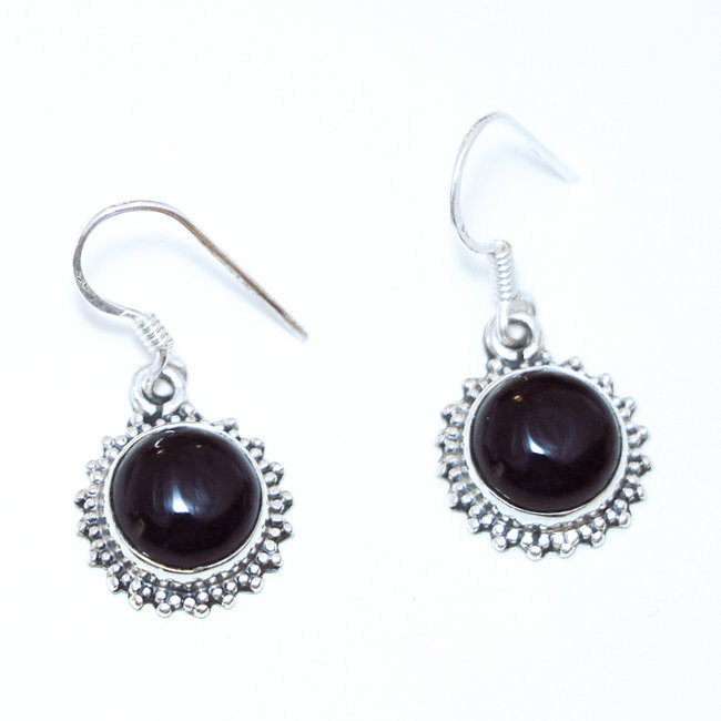 Boucles d'oreilles rondes filigranes argent 925 et Onyx - Inde 029