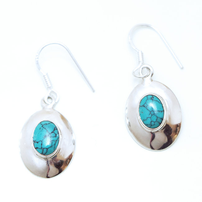 Boucles d'oreilles argent massif 925 ovale et Howlite Turquoise - Inde 038