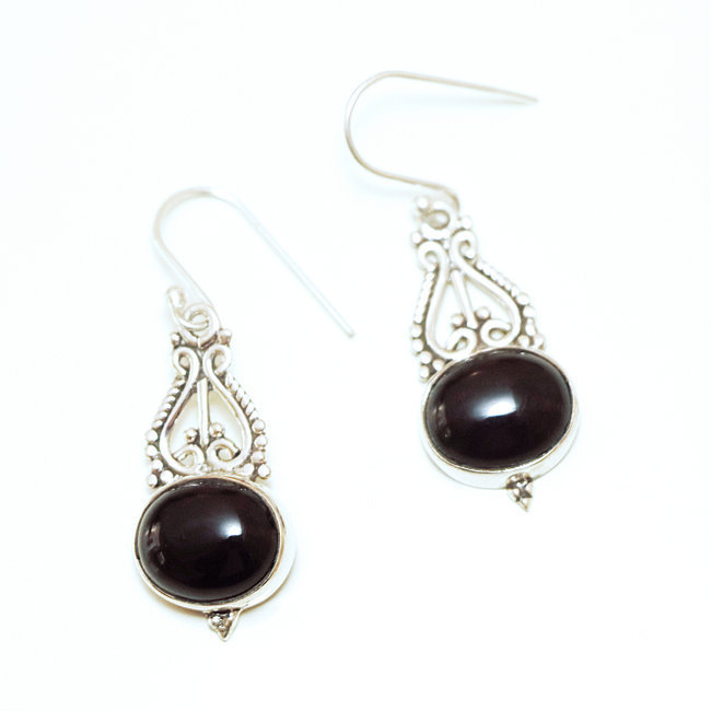 Boucles d'oreilles argent massif 925 ovales filigranes et Onyx - Inde 042