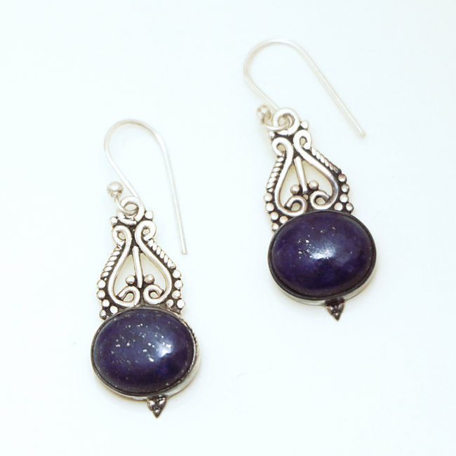 Boucles d'oreilles argent massif 925 ovales filigranes et Lapis-Lazuli - Inde 042