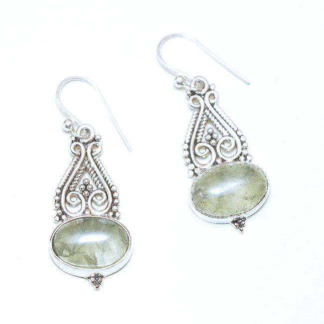 Boucles d'oreilles argent massif 925 ovales filigranes et Quartz rose - Inde 041