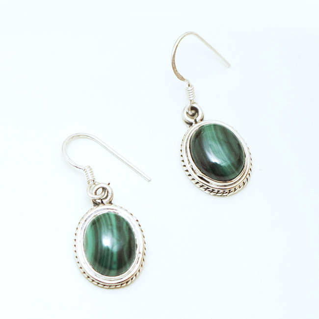 Boucles d'oreilles argent massif 925 ovales filigranes et Malachite - Inde 049