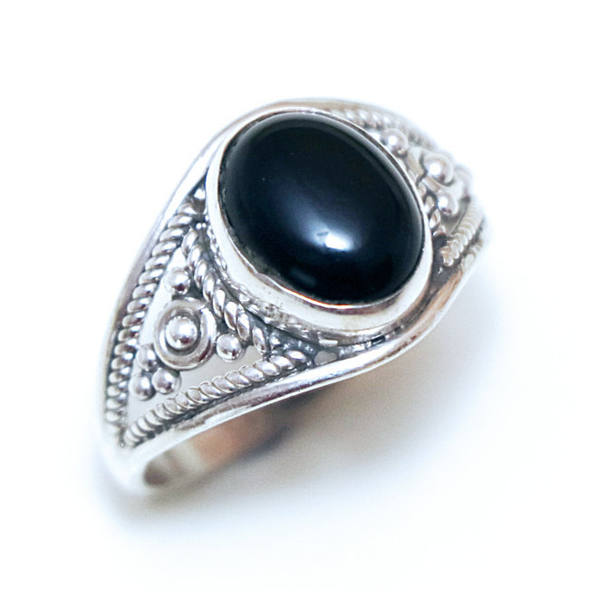 Bague fine ovale filigranes argent 925 et Onyx - Inde 196