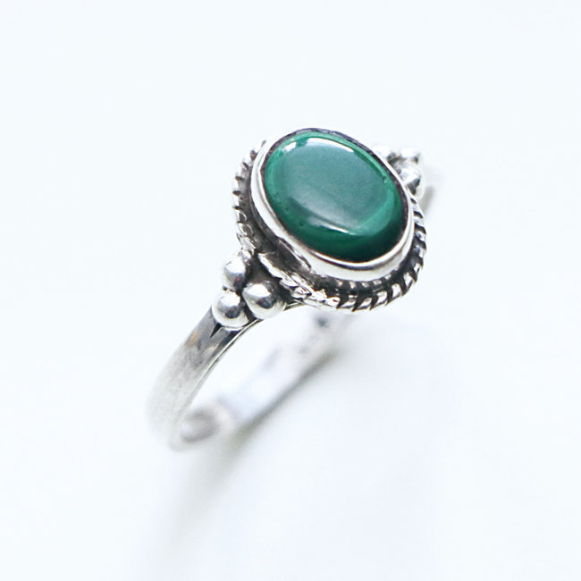 Bague argent 925 ovale fine filigranes perles et Malachite - Inde 155