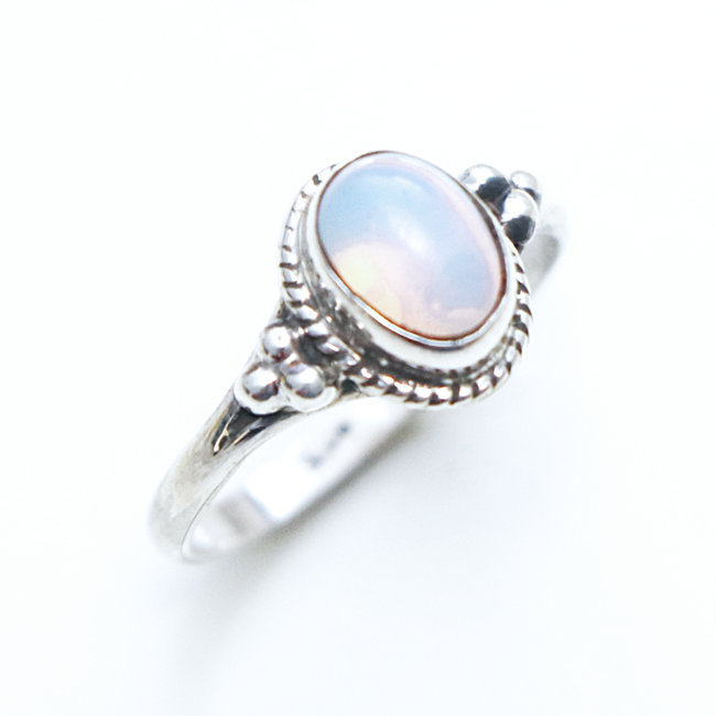 Bague fine ovale filigranes perles argent 925 et Opaline - Inde 155