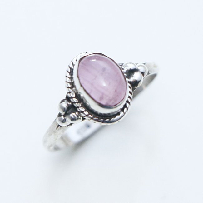 Bague fine ovale filigranes perles argent 925 et Quartz rose - Inde 155