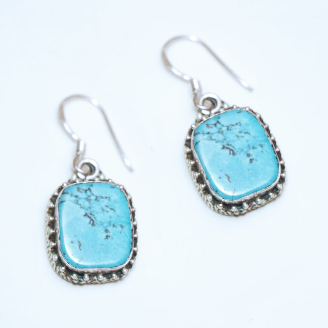 Boucles d'oreilles filigranes carrées argent 925 et Turquoise naturelle - Népal 014