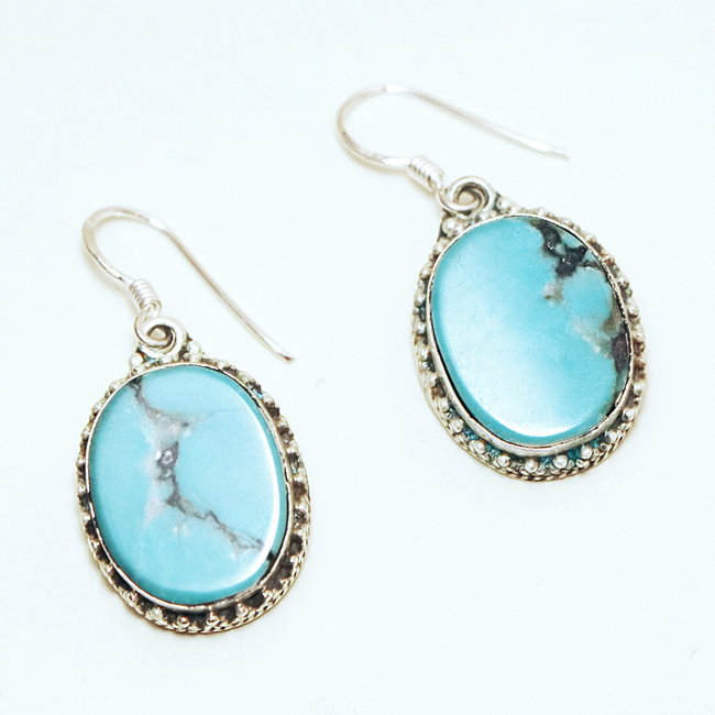 Boucles d'oreilles filigranes ovales argent 925 et Turquoise naturelle - Népal 015