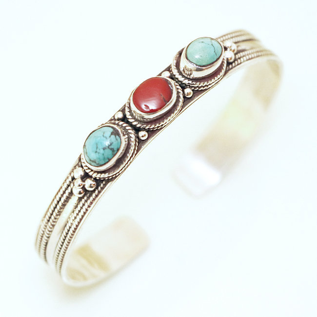 Bracelet jonc plat filigranes argent 925 Corail et Turquoise naturelle - Népal 043