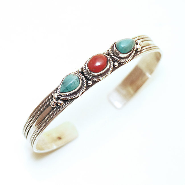 Bracelet jonc filigranes argent 925 Corail et Turquoise naturelle - Népal 044