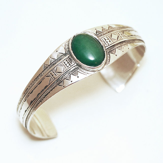 Bracelet argent 925 touareg manchette ovale et Agate verte - Niger 023