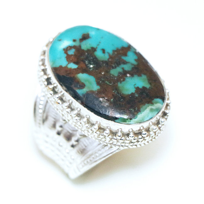 Bague chevalière large ovale filigranes argent 925 et Turquoise naturelle - Népal 148