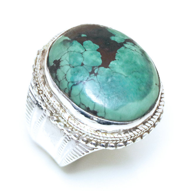 Bague chevalière large ovale filigranes argent 925 et Turquoise naturelle - Népal 149