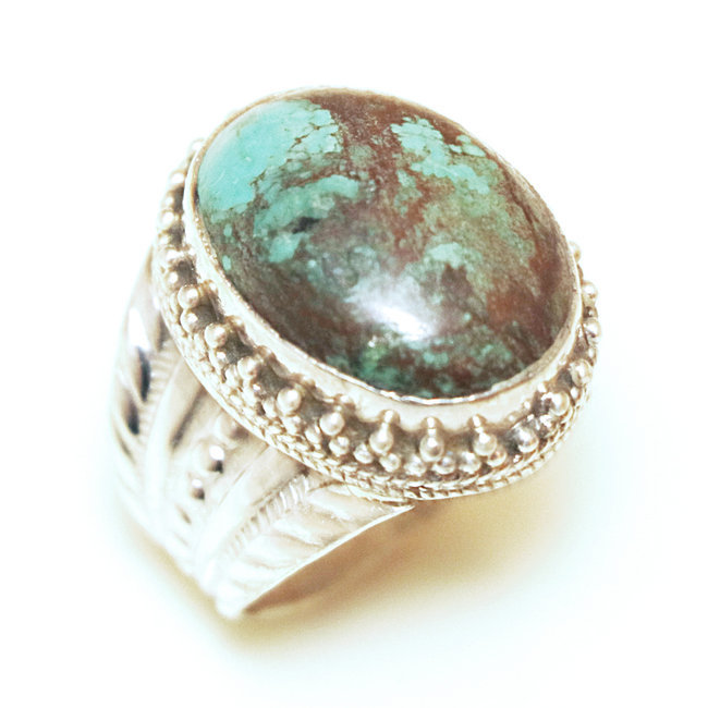 Bague chevalière large ovale filigranes argent 925 et Turquoise naturelle - Népal 154