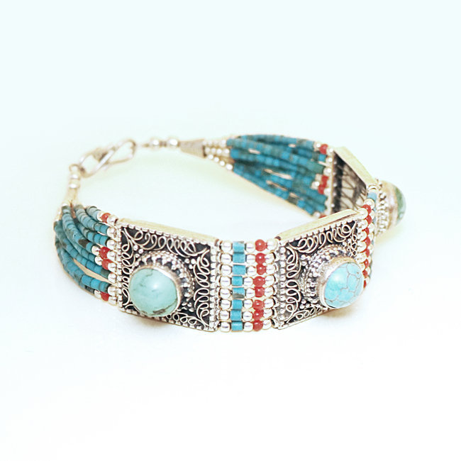 Bracelet large filigranes argent 925 et Turquoise naturelle - Népal 049