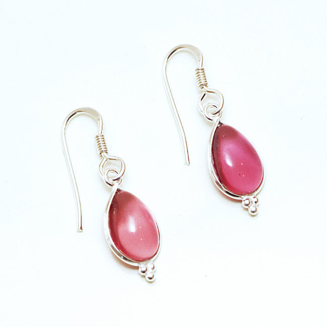 Boucles d'oreilles argent massif 925 gouttes et Cristal rose grenat - Inde 021